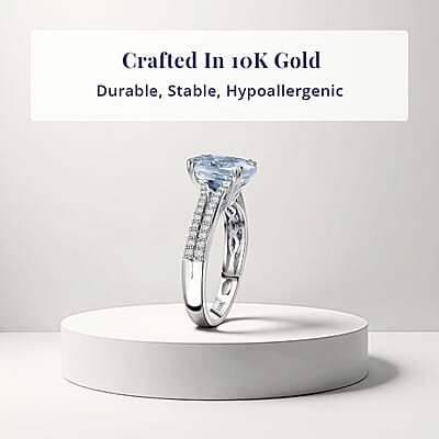 TLV Luxoro 10K White Gold Premium Mangoro Aquamarine, Diamond (G-H, I2) (0.30 cts) Ring (Size 12.0) 3.50 ctw