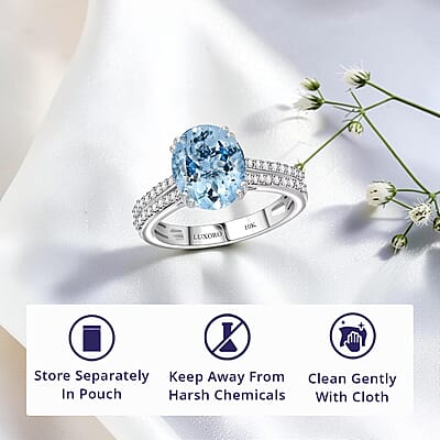 TLV Luxoro 10K White Gold Premium Mangoro Aquamarine, Diamond (G-H, I2) (0.30 cts) Ring (Size 12.0) 3.50 ctw