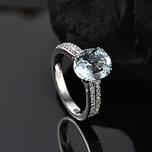 TLV Luxoro 10K White Gold Premium Mangoro Aquamarine, Diamond (G-H, I2) (0.30 cts) Ring (Size 7.5) 3.50 ctw