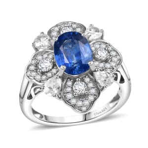 D'Joy Kashmir Kyanite and White Zircon 4.00 ctw Cosmic Harmony Ring in Rhodium Over Sterling Silver (Size 10.0)
