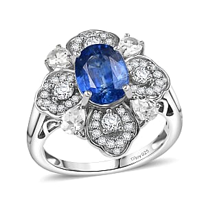 D'Joy Kashmir Kyanite and White Zircon 4.00 ctw Cosmic Harmony Ring in Rhodium Over Sterling Silver (Size 8.0)