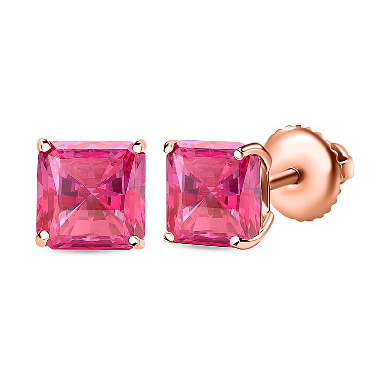 Asscher Cut Ouro Fino Rubellite 2.20 ctw Solitaire Stud Earrings in 18K Vermeil Rose Gold Over Sterling Silver (Del. in 10-12 Days)