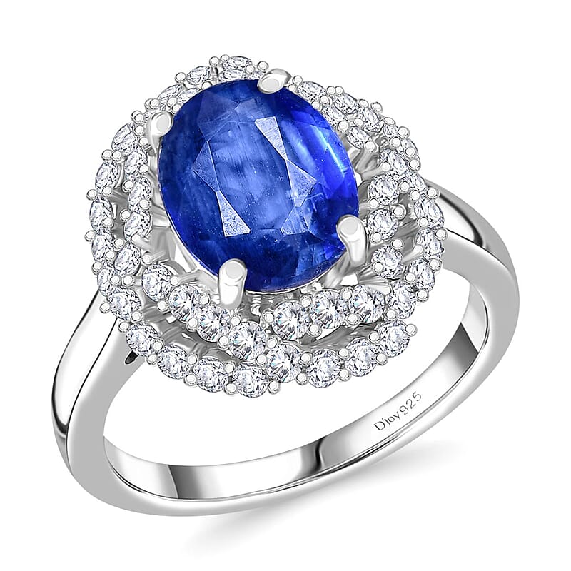 D'Joy Kashmir Kyanite and Moissanite 4.10 ctw Cosmic Empress Ring in Rhodium Over Sterling Silver (Size 10.0)