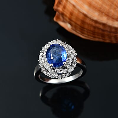 D'Joy Kashmir Kyanite and Moissanite 4.10 ctw Cosmic Empress Ring in Rhodium Over Sterling Silver (Size 10.0)