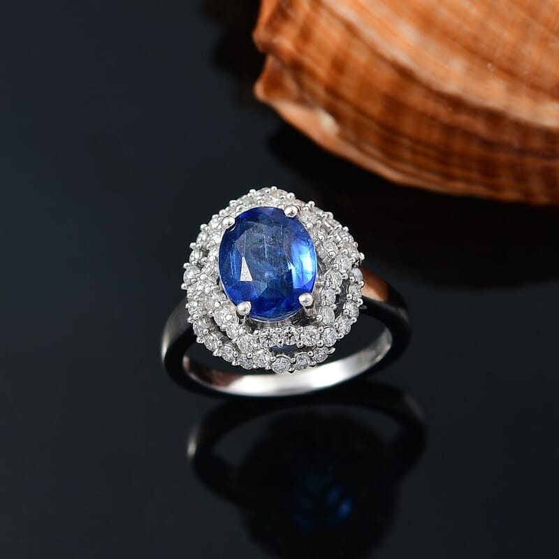 D'Joy Kashmir Kyanite and Moissanite 4.10 ctw Cosmic Empress Ring in Rhodium Over Sterling Silver (Size 10.0)