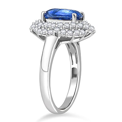 D'Joy Kashmir Kyanite and Moissanite 4.10 ctw Cosmic Empress Ring in Rhodium Over Sterling Silver (Size 10.0)