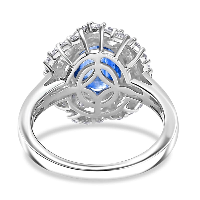 D'Joy Kashmir Kyanite and Moissanite 4.10 ctw Cosmic Empress Ring in Rhodium Over Sterling Silver (Size 10.0)