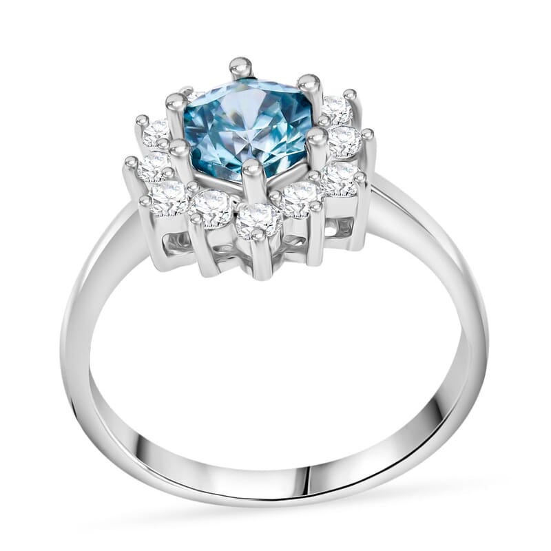 Cambodian Blue Zircon and White Zircon 2.00 ctw Sunburst Ring in Platinum Over Sterling Silver (Size 10.0)