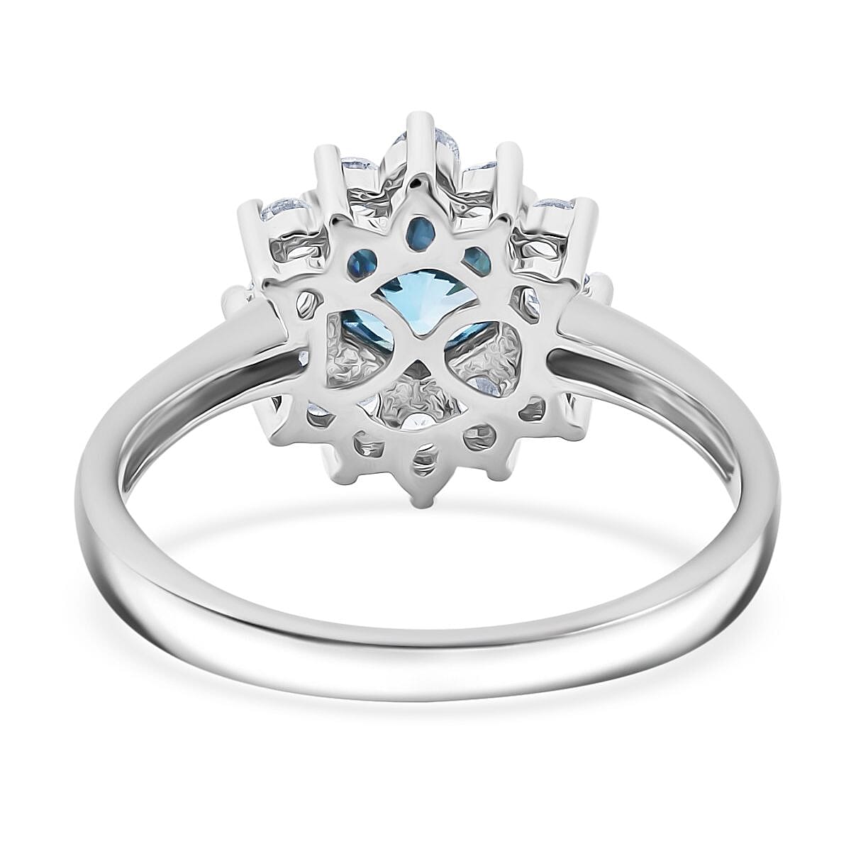 Cambodian Blue Zircon and White Zircon 2.00 ctw Sunburst Ring in Platinum Over Sterling Silver (Size 5.0) image number 4