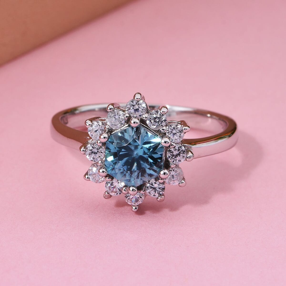 Cambodian Blue Zircon and White Zircon 2.00 ctw Sunburst Ring in Platinum Over Sterling Silver (Size 8.0) image number 1