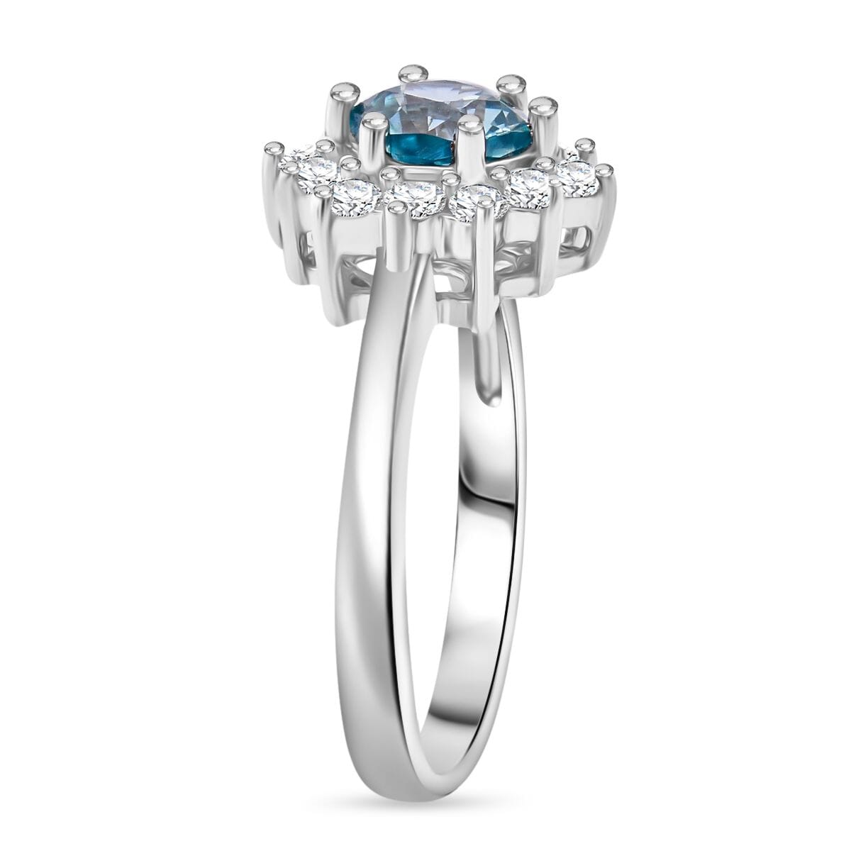 Cambodian Blue Zircon and White Zircon 2.00 ctw Sunburst Ring in Platinum Over Sterling Silver (Size 8.0) image number 3