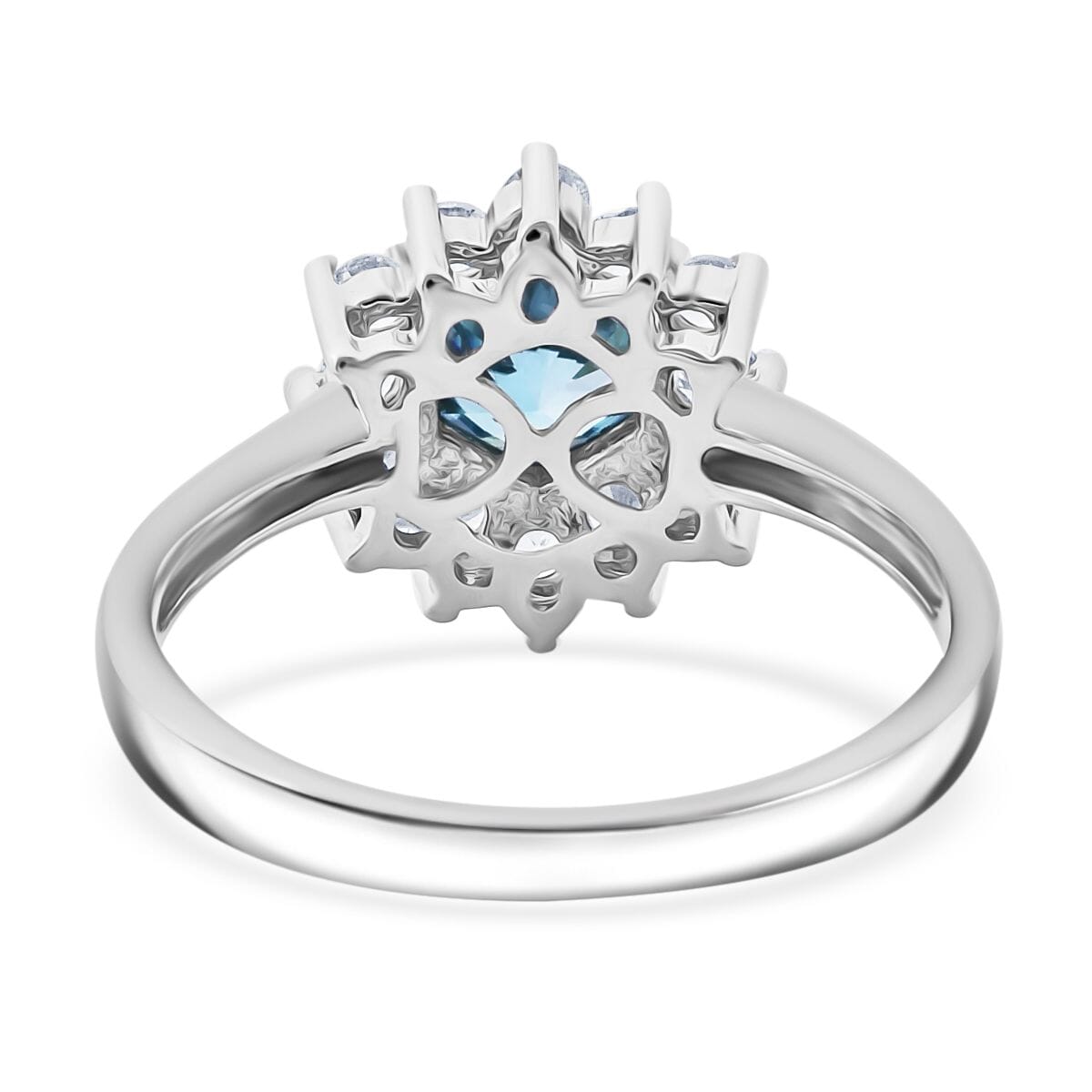 Cambodian Blue Zircon and White Zircon 2.00 ctw Sunburst Ring in Platinum Over Sterling Silver (Size 8.0) image number 4