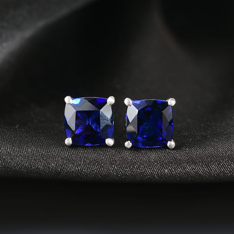 D'Joy Lab Created Blue Sapphire 3.90 ctw Solitaire Stud Earrings in Rhodium Over Sterling Silver