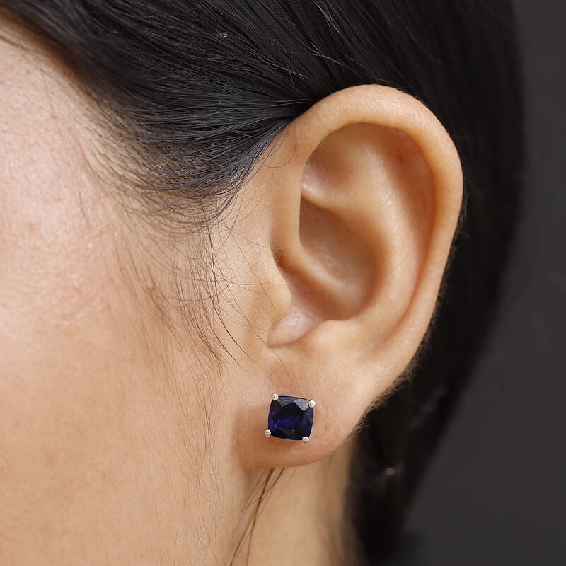 D'Joy Lab Created Blue Sapphire 3.90 ctw Solitaire Stud Earrings in Rhodium Over Sterling Silver