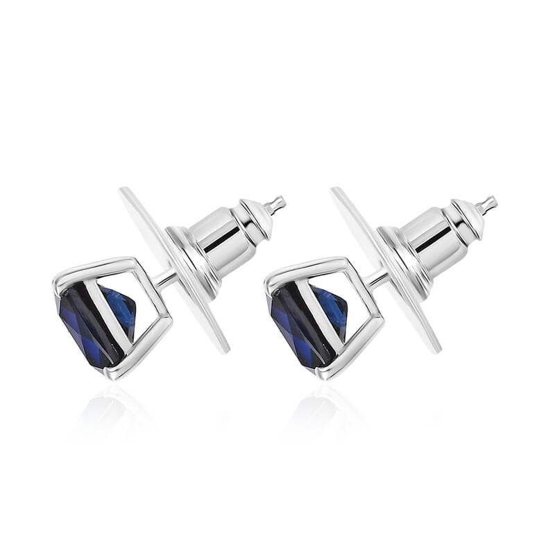 D'Joy Lab Created Blue Sapphire 3.90 ctw Solitaire Stud Earrings in Rhodium Over Sterling Silver