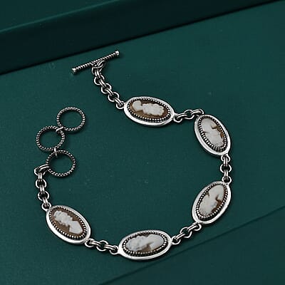 D'Joy Artisan Crafted Natural Italian Conch Cameo 8.30 ctw Chain of Memories Bracelet in Black Oxidized Sterling Silver (6.50-8.0In)