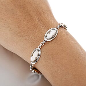 D'Joy Artisan Crafted Natural Italian Conch Cameo 8.30 ctw Chain of Memories Bracelet in Black Oxidized Sterling Silver (6.50-8.0In)