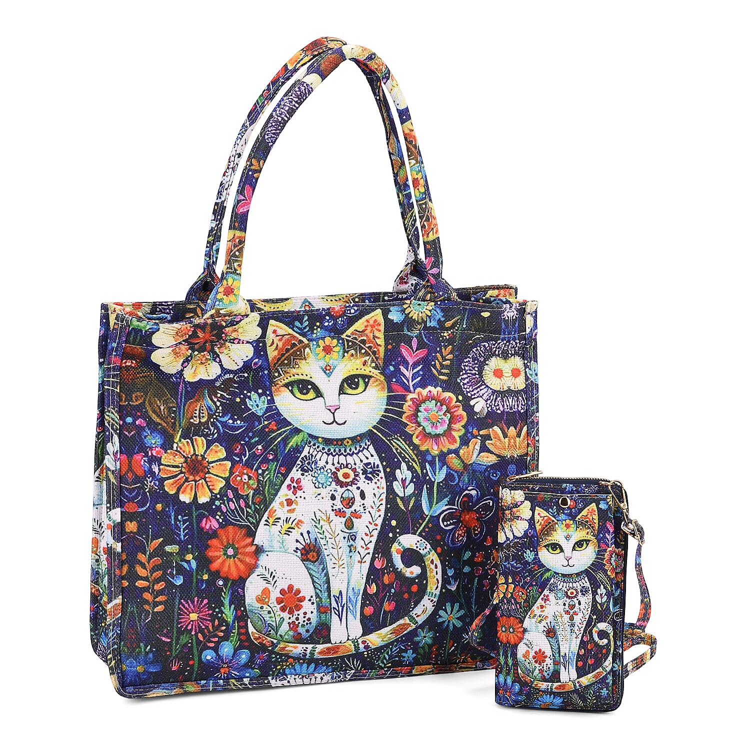Passage Blue Cat and Flower Pattern Tote Bag and Cellphone Bag