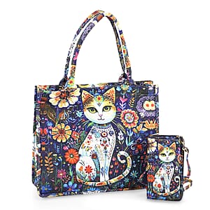 Blue Cat and Flower Pattern Tote Bag and Cellphone Bag