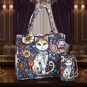 Blue Cat and Flower Pattern Tote Bag and Cellphone Bag