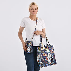 Blue Cat and Flower Pattern Tote Bag and Cellphone Bag