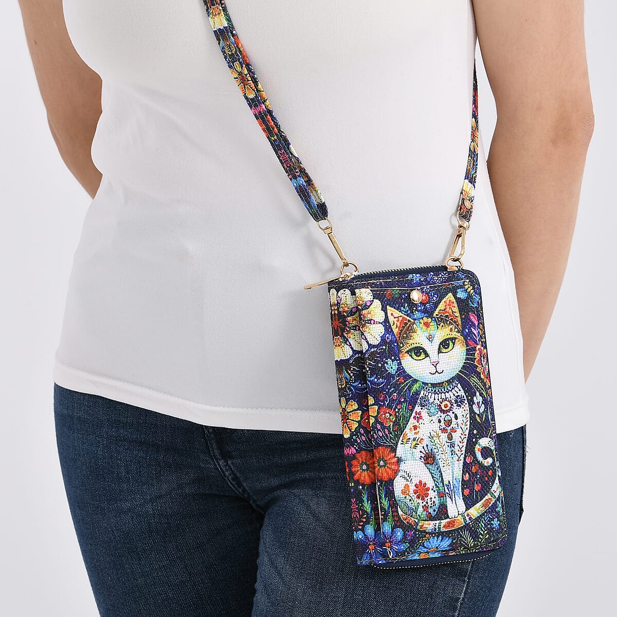 Blue Cat and Flower Pattern Tote Bag and Cellphone Bag image number 3