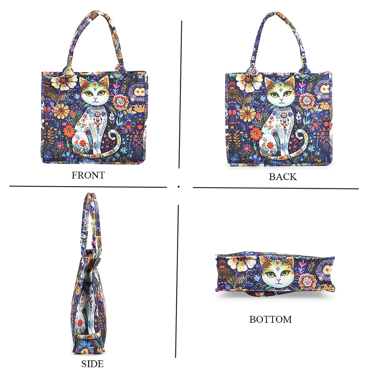 Blue Cat and Flower Pattern Tote Bag and Cellphone Bag image number 4