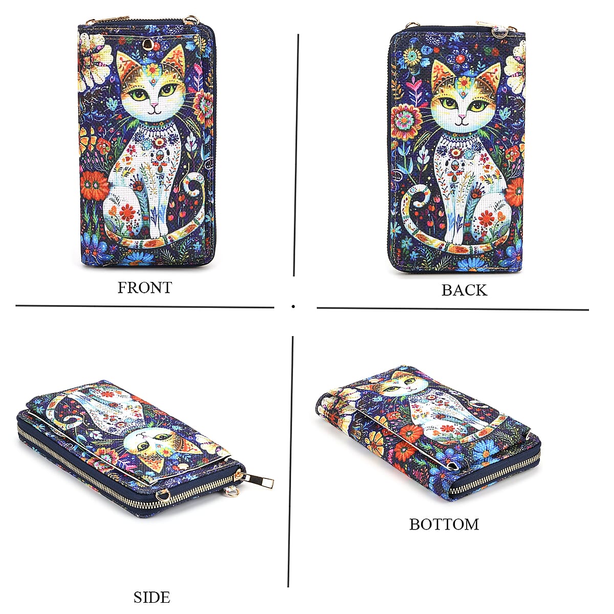 Blue Cat and Flower Pattern Tote Bag and Cellphone Bag image number 6
