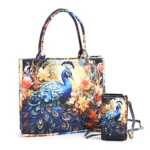 Multi Color Peacock and Flower Pattern Tote Bag and Cellphone Bag