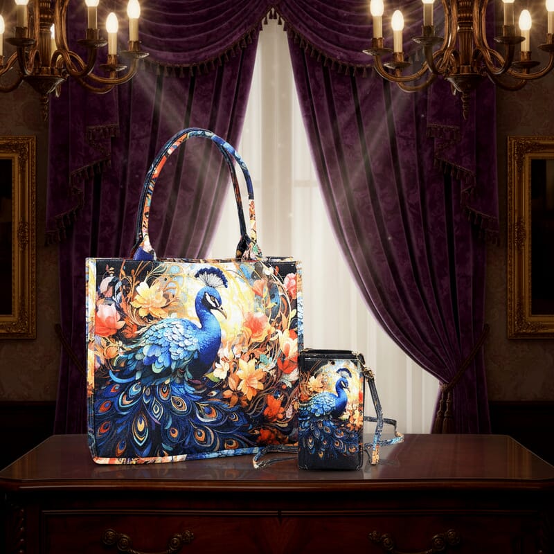 Passage Multi Color Peacock and Flower Pattern Tote Bag and Cellphone Bag