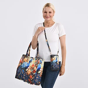Multi Color Peacock and Flower Pattern Tote Bag and Cellphone Bag