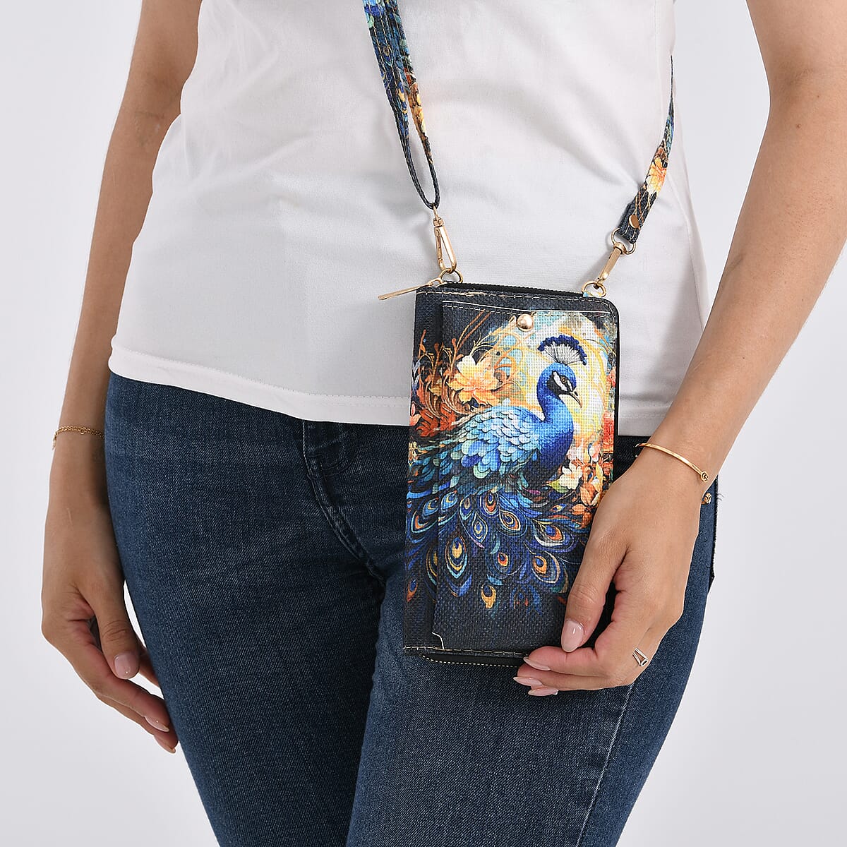 Multi Color Peacock and Flower Pattern Tote Bag and Cellphone Bag image number 3