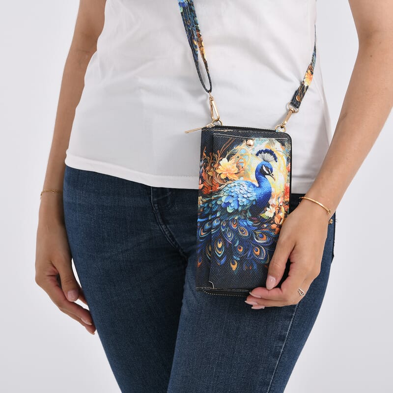 Passage Multi Color Peacock and Flower Pattern Tote Bag and Cellphone Bag