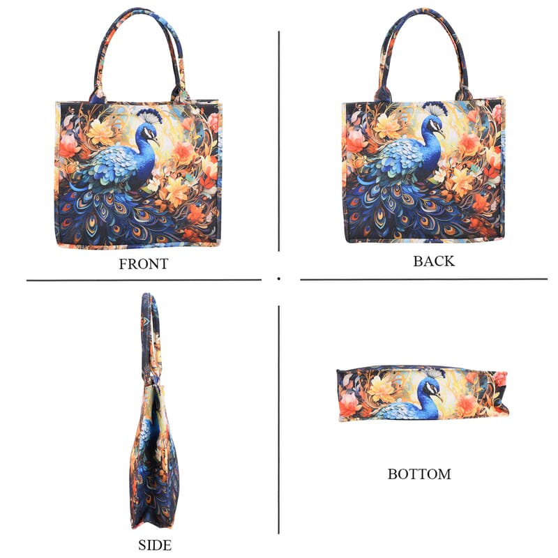 Passage Multi Color Peacock and Flower Pattern Tote Bag and Cellphone Bag