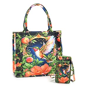 Multi Color Bird and Flower Pattern Tote Bag and Cellphone Bag