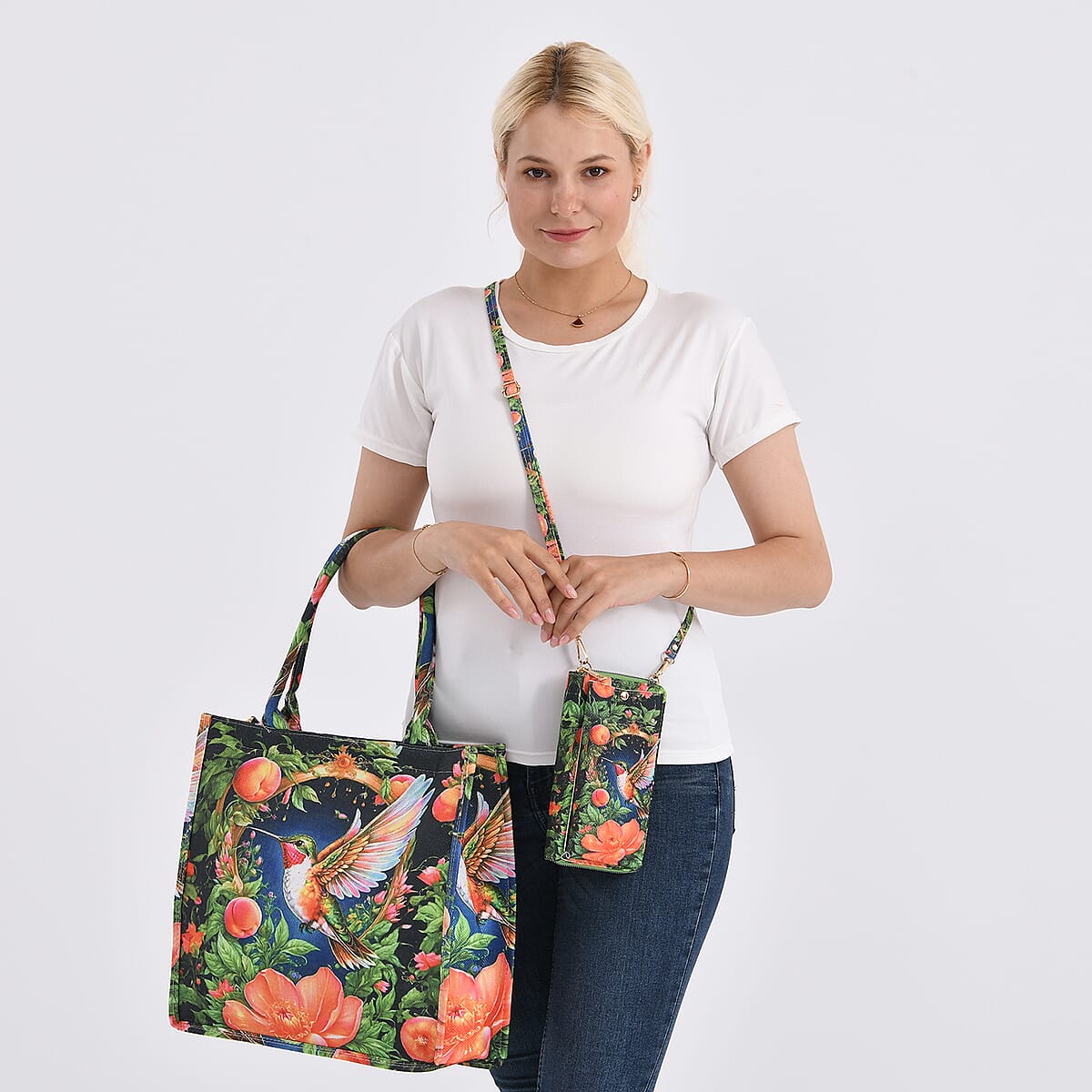 Multi Color Bird and Flower Pattern Tote Bag and Cellphone Bag image number 2