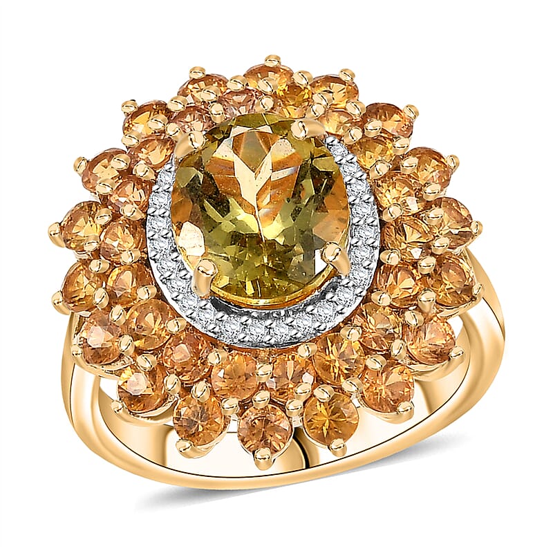 D'Joy Madagascar Yellow Apatite and Multi Gemstone 7.40 ctw Floral Ring in 18K Vermeil Yelow Gold Over Sterling Silver (Size 10.0)