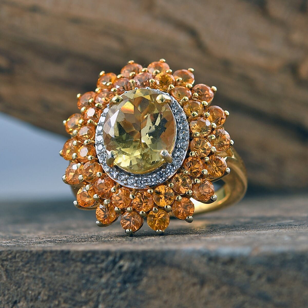 D'Joy Madagascar Yellow Apatite and Multi Gemstone 7.40 ctw Floral Ring in 18K Vermeil Yelow Gold Over Sterling Silver (Size 10.0) image number 1