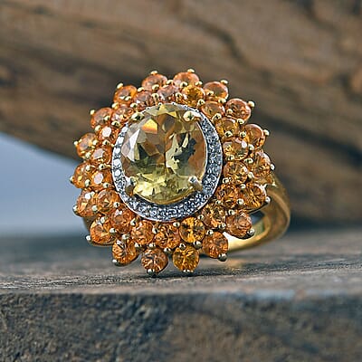 D'Joy Madagascar Yellow Apatite and Multi Gemstone 7.40 ctw Floral Ring in 18K Vermeil Yelow Gold Over Sterling Silver (Size 10.0)