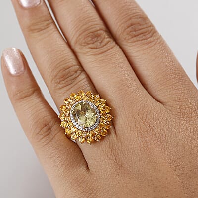 D'Joy Madagascar Yellow Apatite and Multi Gemstone 7.40 ctw Floral Ring in 18K Vermeil Yelow Gold Over Sterling Silver (Size 10.0)