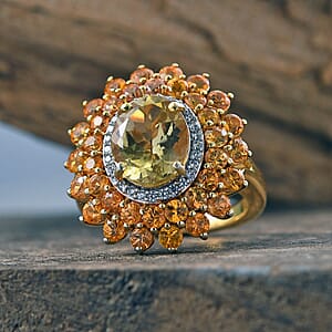 D'Joy Madagascar Yellow Apatite and Multi Gemstone 7.40 ctw Floral Ring in 18K Vermeil Yelow Gold Over Sterling Silver (Size 7.0)