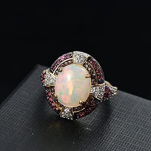 D'Joy Ethiopian Welo Opal and Multi Gemstone 4.90 ctw Greek Cross Ring in 18K Vermeil Yellow Gold Over Sterling Silver (Size 7.0)