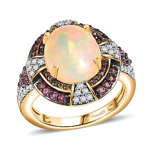 D'Joy Ethiopian Welo Opal and Multi Gemstone 4.90 ctw Greek Cross Ring in 18K Vermeil Yellow Gold Over Sterling Silver (Size 8.0)