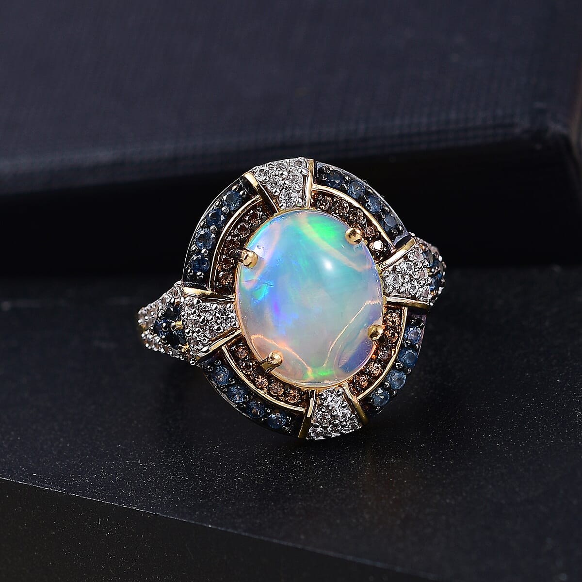 D'Joy Ethiopian Welo Opal, Multi Gemstone Greek Cross Ring in 18K Vermeil YG Over Sterling Silver 4.85 ctw (Size 9.0) image number 1