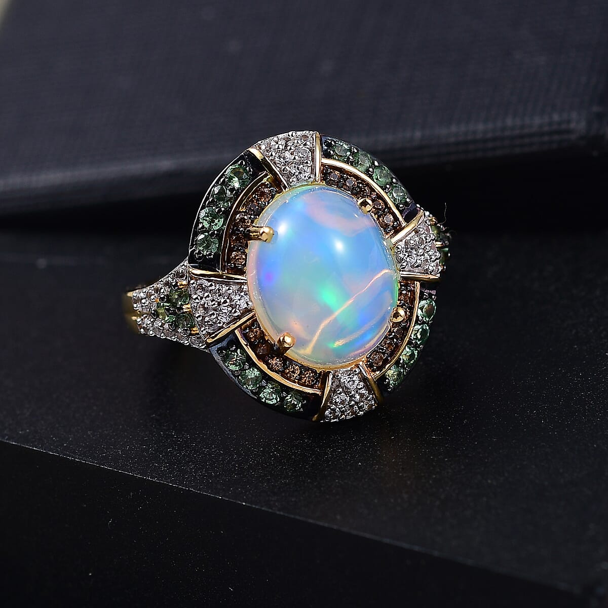 D'Joy Ethiopian Welo Opal and Multi Gemstone 5.00 ctw Greek Cross Ring in 18K Vermeil Yellow Gold Over Sterling Silver (Size 6.0) image number 1