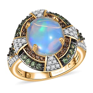 D'Joy Ethiopian Welo Opal and Multi Gemstone 5.00 ctw Greek Cross Ring in 18K Vermeil Yellow Gold Over Sterling Silver (Size 7.0)
