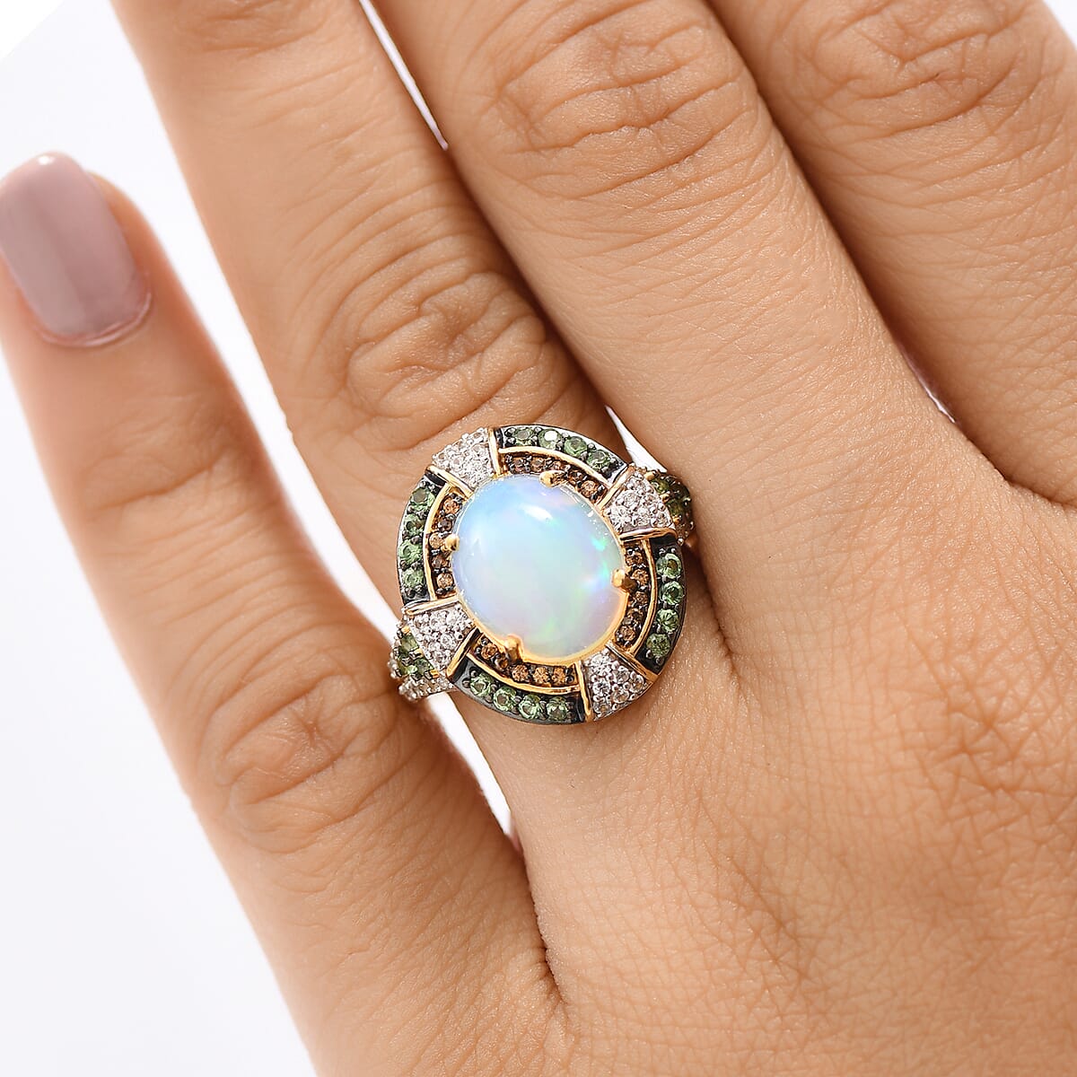 D'Joy Ethiopian Welo Opal and Multi Gemstone 5.00 ctw Greek Cross Ring in 18K Vermeil Yellow Gold Over Sterling Silver (Size 7.0) image number 2