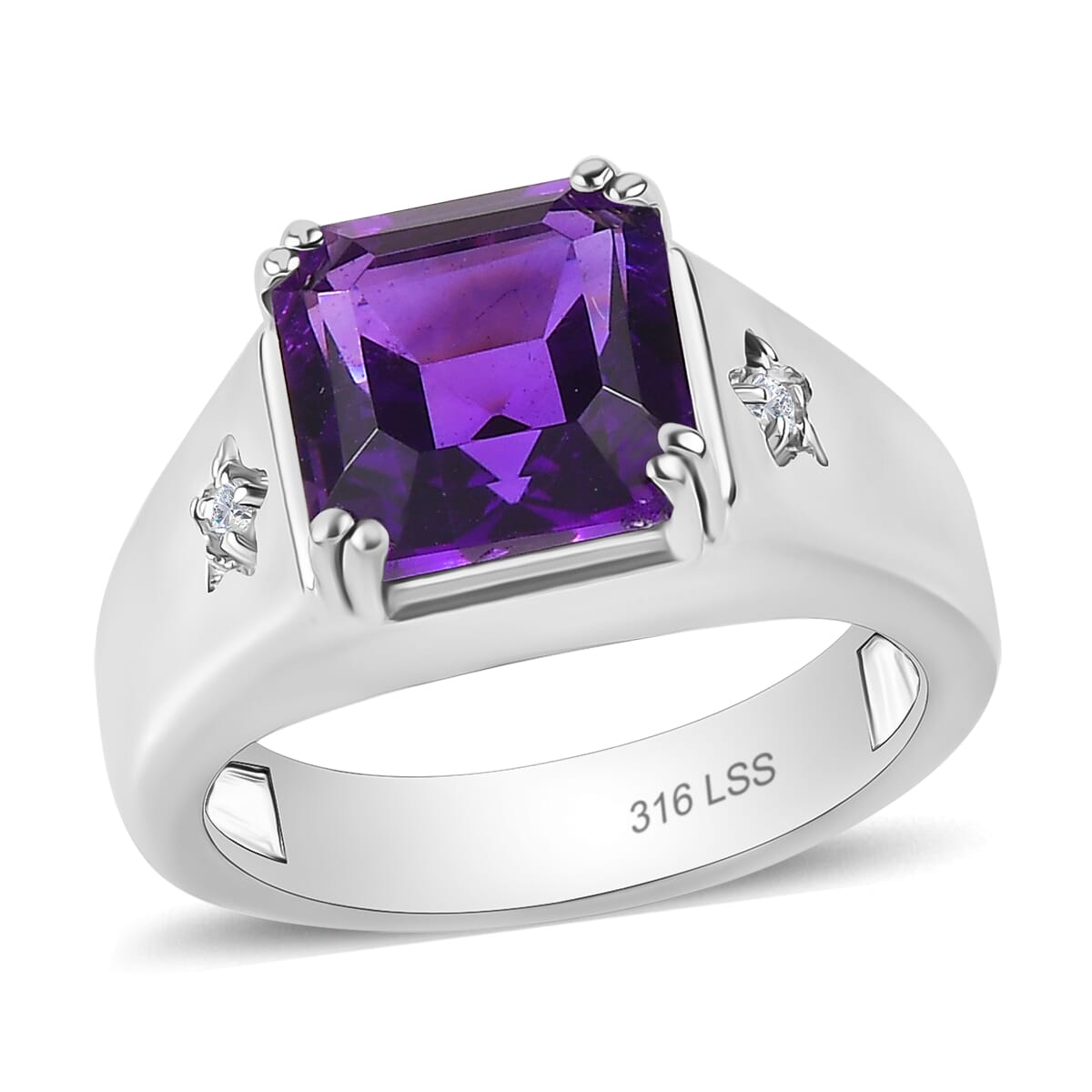 African Amethyst and White Zircon 5.10 ctw Men's Ring in Stainless Steel (Size 10.0) image number 0