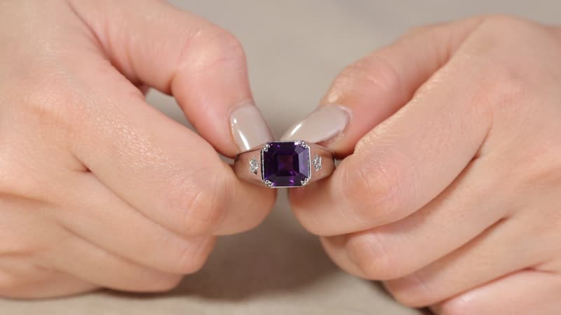African Amethyst and White Zircon 5.10 ctw Men's Ring in Stainless Steel