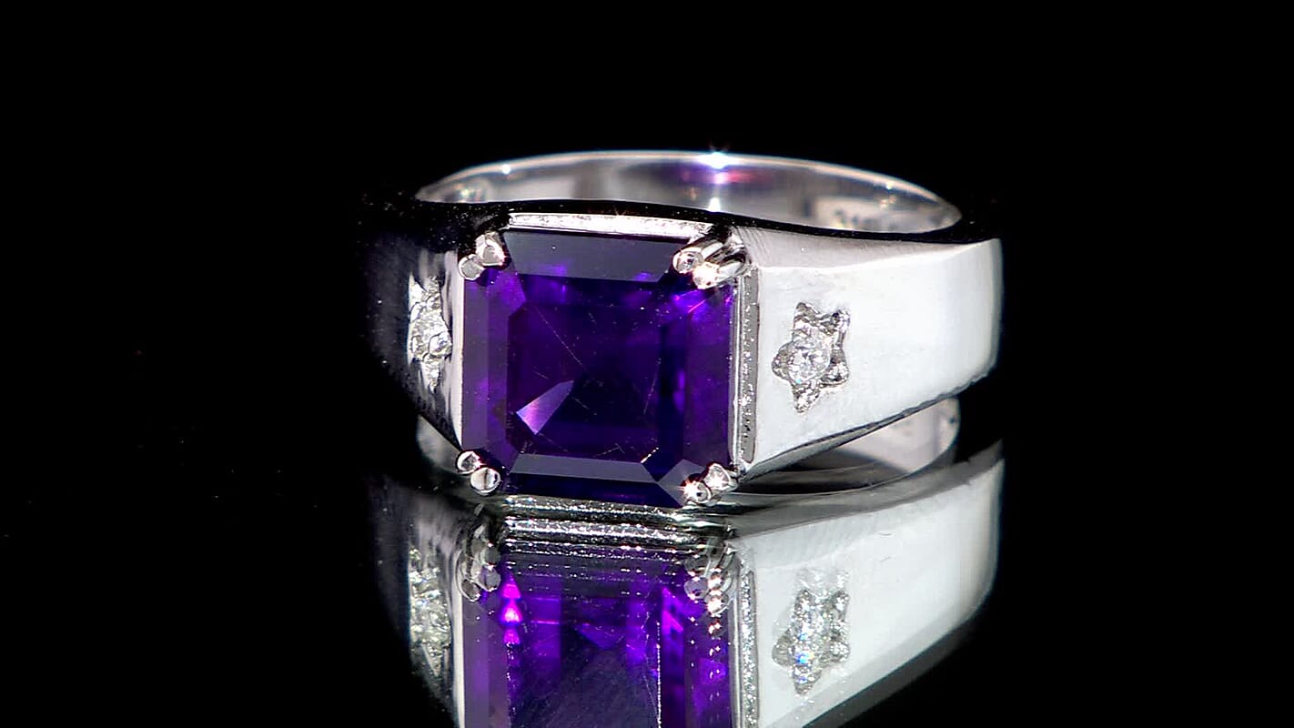 African Amethyst and White Zircon 5.10 ctw Men's Ring in Stainless Steel